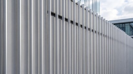 Obraz premium A modern architectural fence with vertical metal slats creating a repeating geometric pattern effect