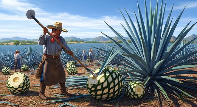 A man in a field uses a tool to harvest large agave plants for tequila production in Mexico.