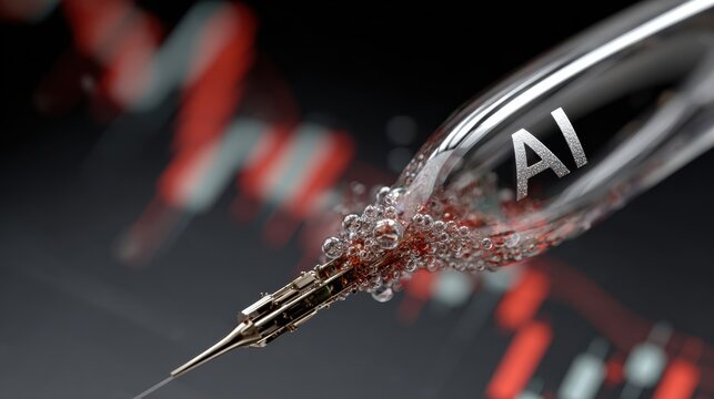 AI Injection: A close-up view features a needle labeled AI injecting a substance with a blurred, abstract background symbolizing data and interconnectedness.