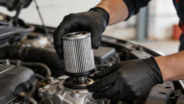 Mechanic installing car filter