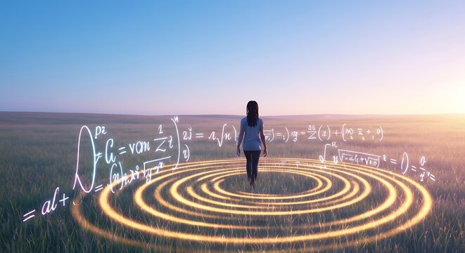 Woman walking through a glowing golden mathematical field of energy and equations
