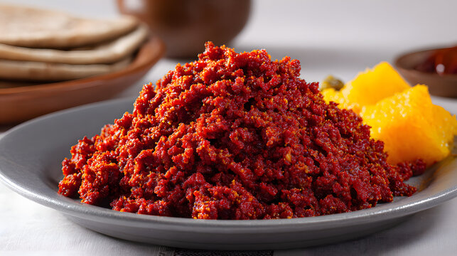 Kitfo, a traditional Ethiopian dish of minced beef mixed with spiced clarified butter and mitmita chili powder. Background illustration of food in Ethiopia.