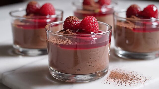 Individual chocolate mousse desserts topped with fresh raspberries