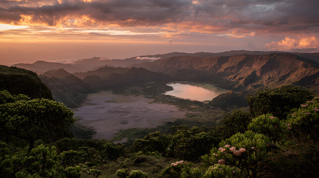 View from the summit of Mount Karthala, Comoros, with a lake in the center. Background illustration of a view of the Comoros.