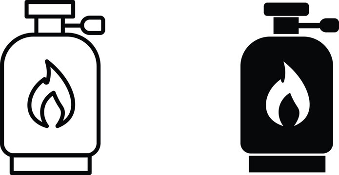 Gas cylinder icons in outline and silhouette styles, propane tank vector symbols with flame logo, industrial fuel container graphics for energy