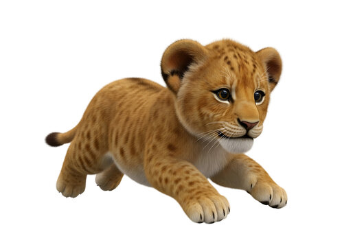 An adorable lion cub pouncing forward with a playful expression and soft golden fur coat texture