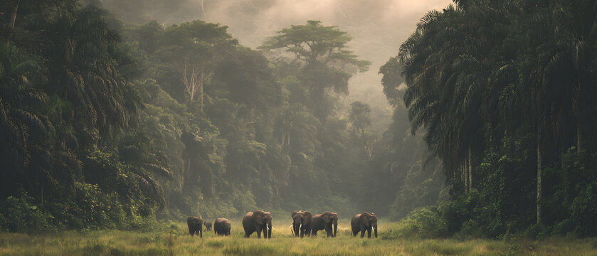 Wildlife scene in Dzanga-Sangha National Park, Central African Republic. Illustration of a forest background in the Central African Republic.