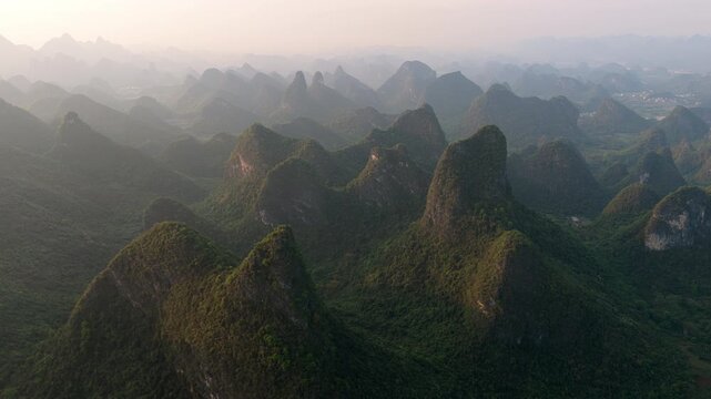 Yangshuo Karst Green Mountains and Valleys Aerial Guilin China