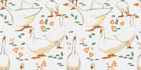 charming, hand-drawn seamless pattern featuring crayon-style geese and playful footprints on a textured canvas, evoking a warm, nostalgic storybook feel. © นิรมล บุญเทพ