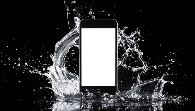 A smartphone with a white screen surrounded by splashing water