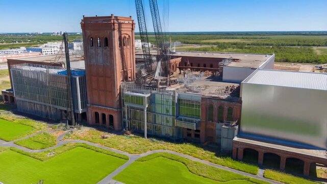 A creative reuse timelapse of an abandoned factory transforming into modern lofts. Old brick walls blend with glass additions, showcasing industrial heritage meeting contemporary living
