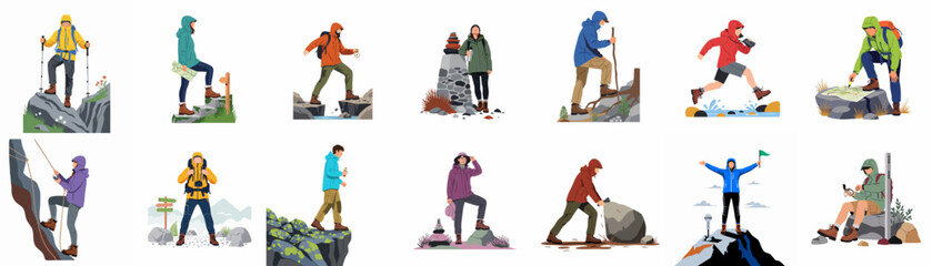 Flat vector illustrations set of diverse people engaged in outdoor activities like hiking, mountain climbing, trekking, and navigating through various wild landscapes.