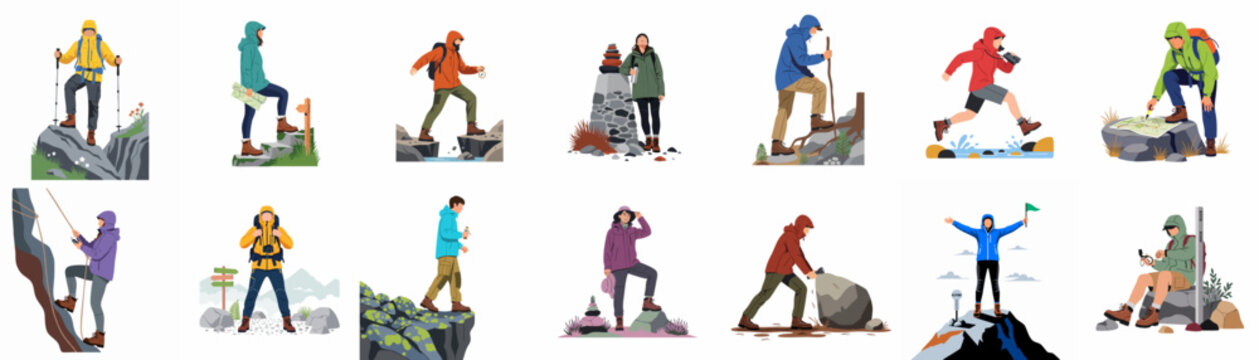 Flat vector illustrations set of diverse people engaged in outdoor activities like hiking, mountain climbing, trekking, and navigating through various wild landscapes.