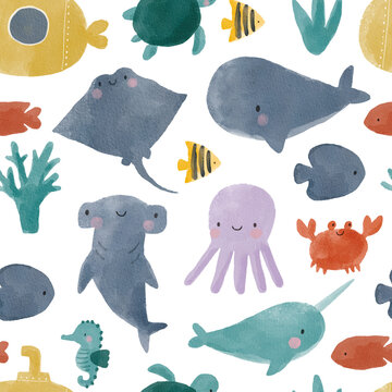 Watercolor fish and animals in the ocean. Undersea cute cartoon seamless pattern. Inhabitants of the sea world, cute underwater creatures, corals, fish, whale, cramp-fish, octopus, sea horse