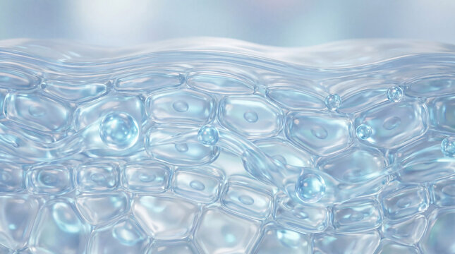 Skin hydration layer with transparent cells, water droplets, moisture, and glowing effect, representing healthy, hydrated skin texture and freshness