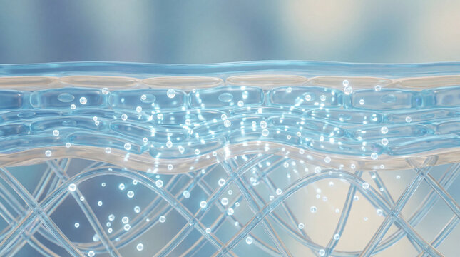 Hydrated skin layer with water molecules, transparent structure, moisture absorption, glowing effect, and smooth texture, representing healthy skin barrier and hydration process