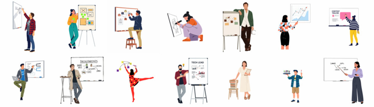 A comprehensive collection of diverse people presenting, brainstorming, and teaching using various whiteboards and flip charts in a flat illustration style.