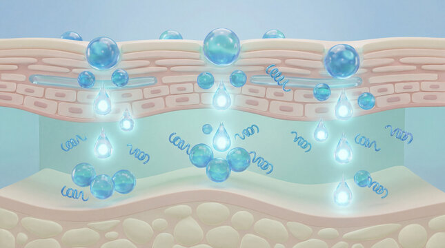 Water molecule hydration skin layer moisture collagen elasticity absorption glowing healthy dermatology beauty rejuvenation