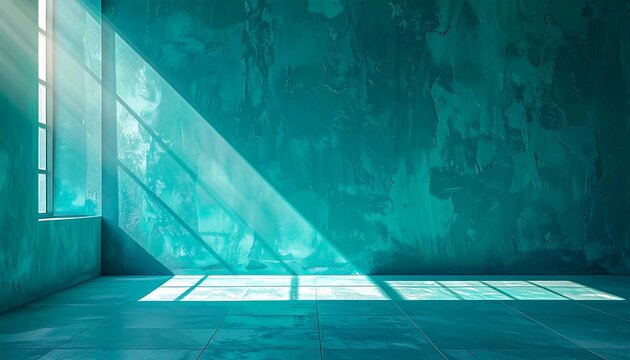 Sunlight streaming through window illuminates empty teal room.