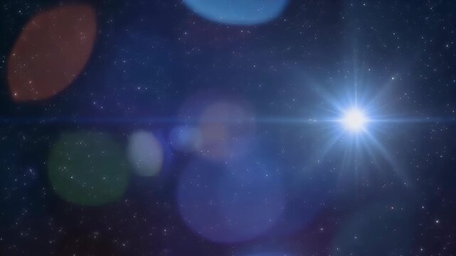 A bright star or celestial object with lens flare effects illuminates a starry night sky background.