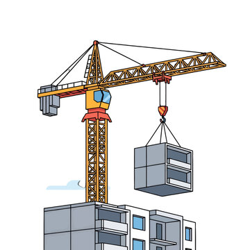 Construction crane lifting building module onto apartment structure