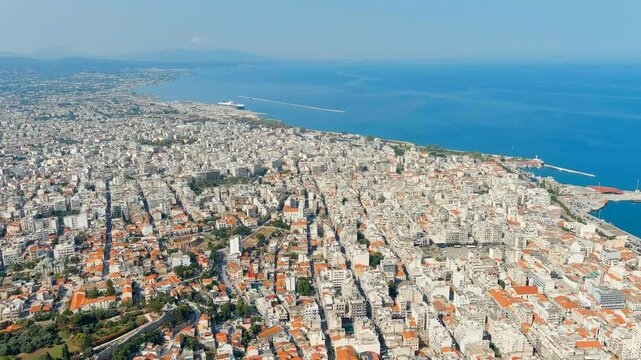Patras, Greece. Central part of the city in summer. Sunny day. Drone footage, Departure of the camera