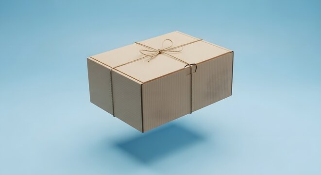 Floating cardboard box with twine string, brown parcel package, delivery box on blue background