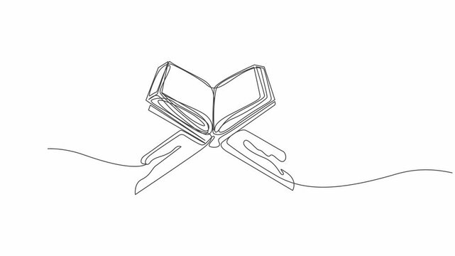 Continuous line of an open quran on a rehal stand, minimalist islamic religious animation religion