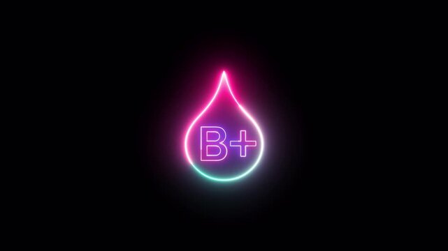 B+ Positive Blood Type Neon Glow Drop on Black Background with Health Care