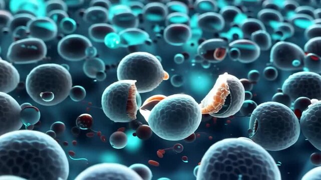 Cellular activity visualization. Simulation of immune response and drug transport at microscopic level. Highdetail rendering of vesicle rupture and nanoparticle movement within biological systems