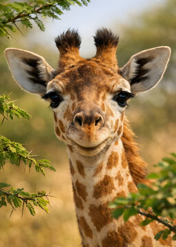 closeup of a giraffe looking directly at the camera in a natural setting with trees