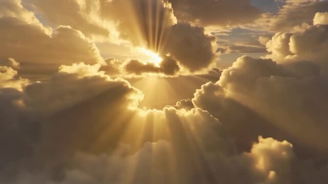 Golden sunbeams piercing thick cumulus canopy, dramatic aerial view of radiant light streaming through cloud layers, warm glow and soft shadows, majestic serene atmosphere evoking wonder and uplift