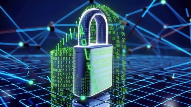 Binary padlock shielding interconnected network, network engineer secures perimeter, green code cascades around lock, holographic grid and encrypted tunnel protect packets in real time