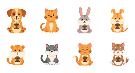 Fototapeta premium Cute cartoon animals sitting with potted plants on white background illustrations