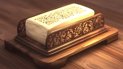 Fototapeta premium Elegant Butter Dish with Intricate Design on Wooden Table Surface
