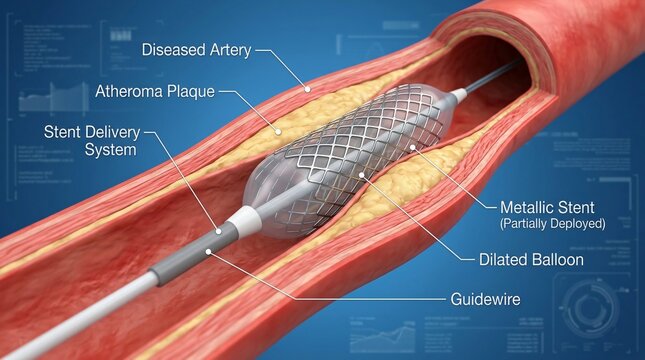 Medical illustration showing stent delivery system dilated balloon guidewire inside diseased artery with atheroma plaque