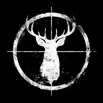 Distressed white vector illustration of a deer head silhouette centered perfectly inside a circular targeting scope on black background