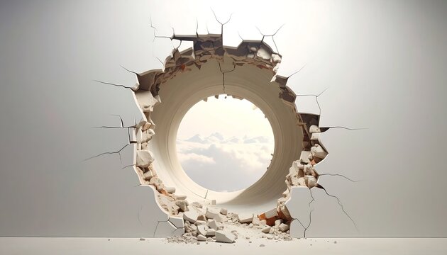 A destroyed wall with a round hole revealing a cloudy sky