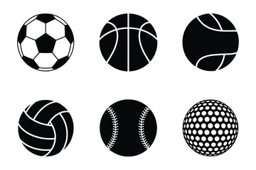 Obraz premium Set of different sports balls equipment silhouettes with basketball, volleyball