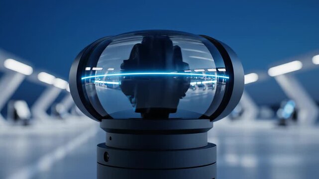 spinning LiDAR sensor with blue laser pulse at smart port during blue hour. Autonomous technology and precision sensing for future logistics in a luxury Gulf setting.