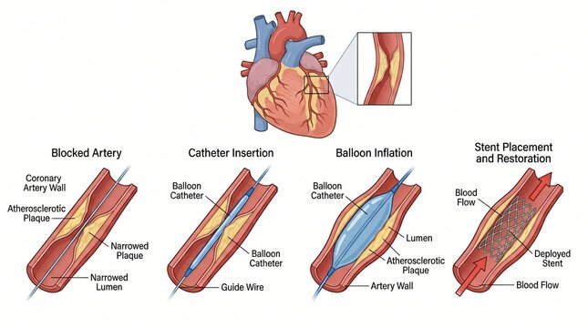 Medical illustration showing coronary artery blockage catheter insertion balloon angioplasty and stent placement