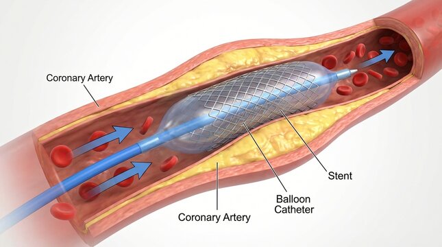 Close up illustration of a coronary artery with a balloon catheter and stent red blood cells flowing