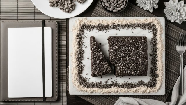 Top view of a square chocolate brownie cut into two pieces on a marble board, surrounded by a border of crushed nuts and crumbs