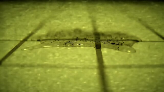 Close up of a spilled liquid with dark particles forming an abstract shape on a tiled floor with overhead lighting creating shadows and a yellow tint to the scene