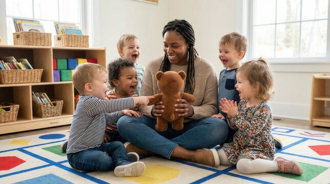 Smiling teacher sitting on colorful classroom rug engaging with happy children and a teddy bear, bright window light, playful atmosphere