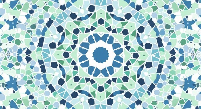 Intricate teal and blue polygons form a radial star pattern. The bold symmetry radiates from a central dodecagon. This image can be used for the concept of Mathematical Harmony in digital art.
