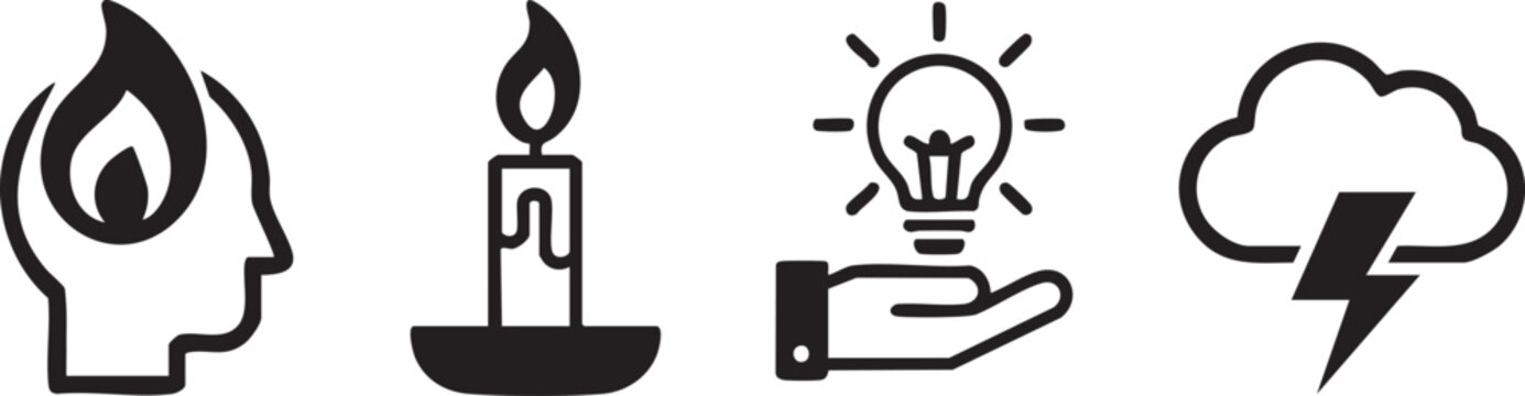 Creative thinking icons featuring brain lightbulb and inspiration symbols for education and startup concepts