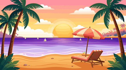 Obraz premium Tropical beach landscape with palm trees beach chair umbrella and cocktail at sunset over purple ocean waves, symbolizing summer vacation planning and representing luxury resort travel marketing