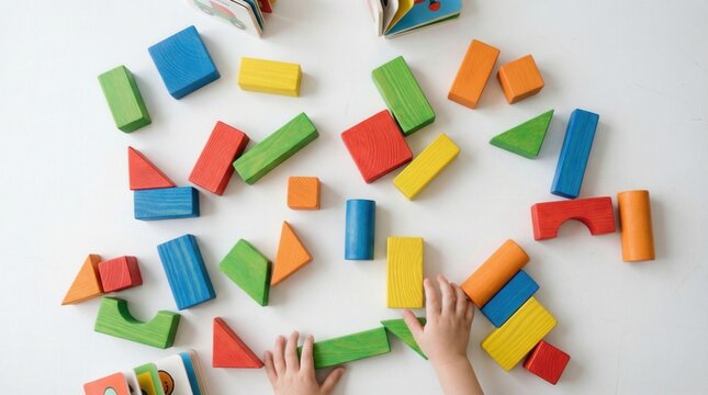 Colorful wooden toy blocks scattered on a white surface with childs hands building a structure, showcasing vibrant educational playtime creativity