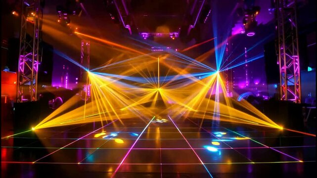 Vibrant laser beams crisscross a dark stage with lights and equipment
